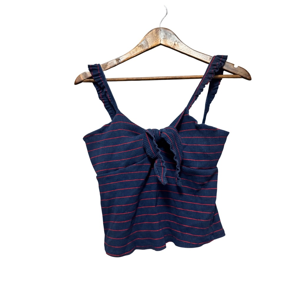 Mi Ami Stripe Tie Front Cami Women L Navy Red Excellent Ruffle Strap Ribbed Top